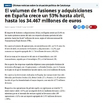 El volumen de fusiones y adquisiciones en Espaa crece un 53% hasta abril, hasta los 34.467 millones de euros